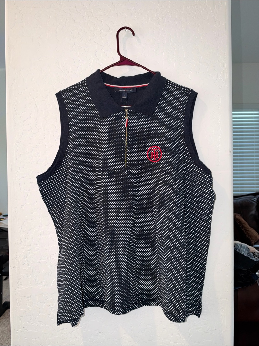 Tommy Hilfiger Black & White Polka Dot Sleeveless Polo Vest with Red Logo